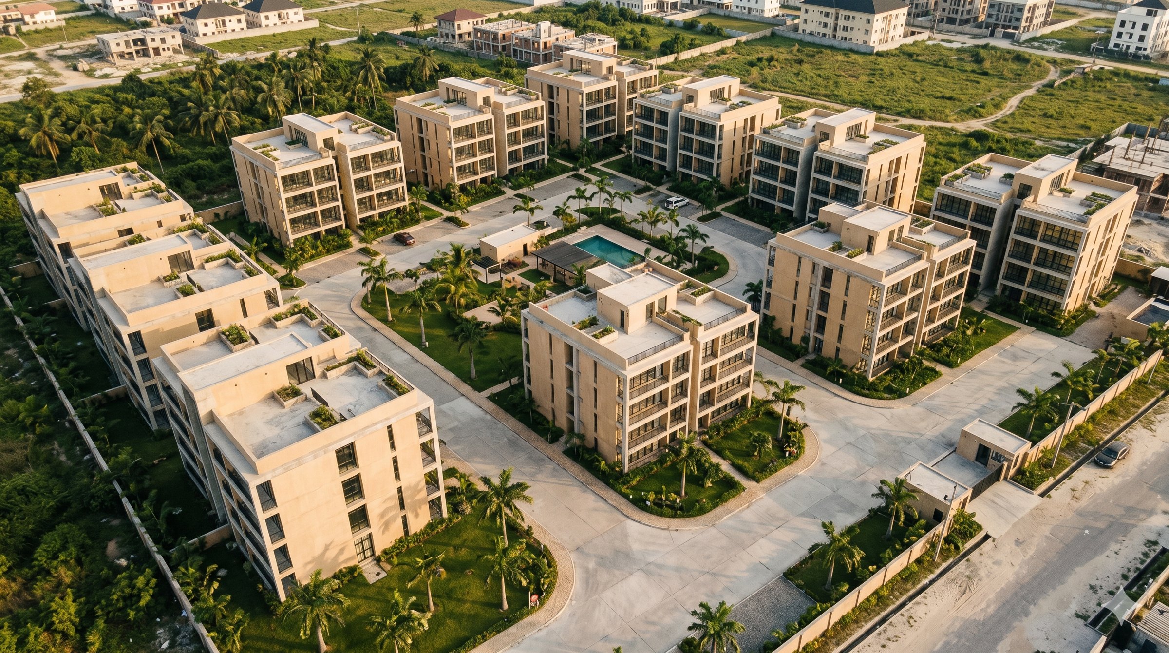 Cornerstone master plan aerial — eight blocks around the central amenities zone